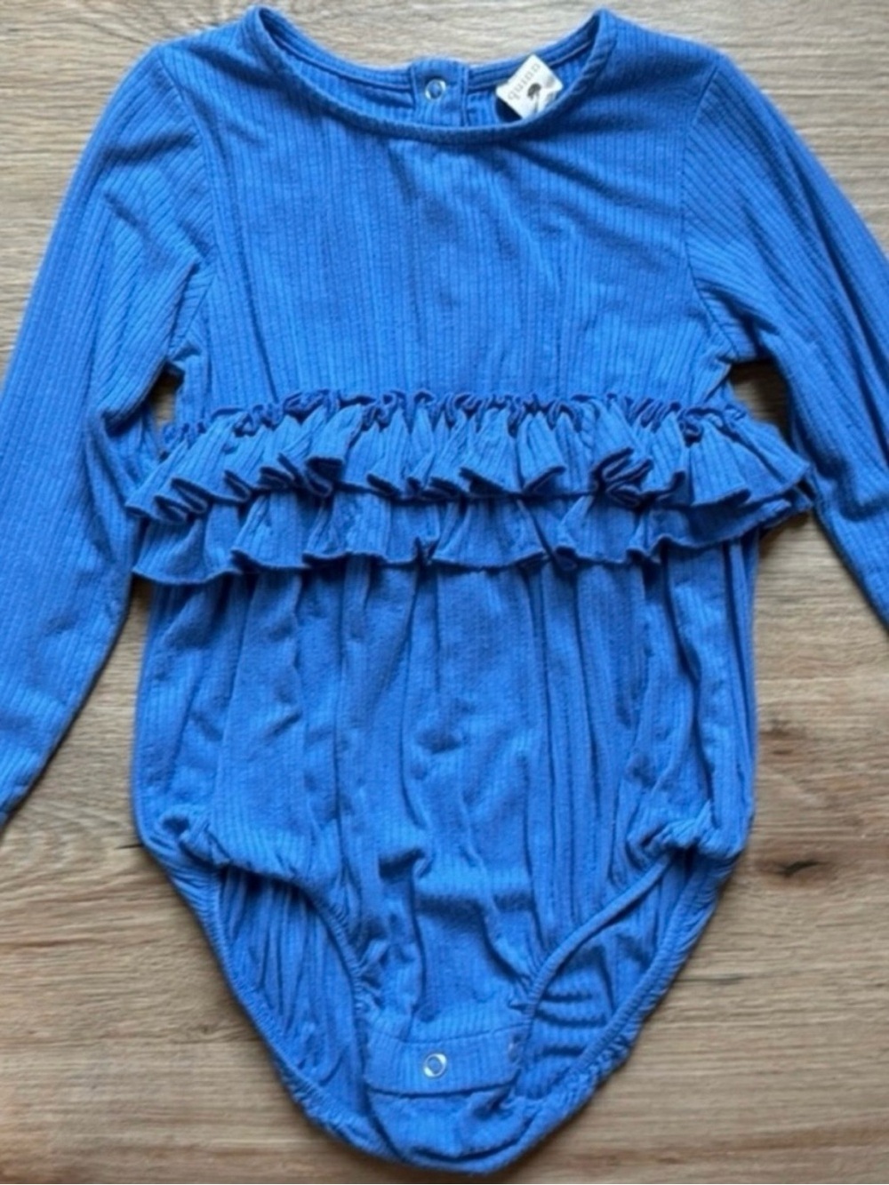 Kate Quinn 2T Blue Ribbed Double Ruffle Bubble Romper Long Sleeve like new